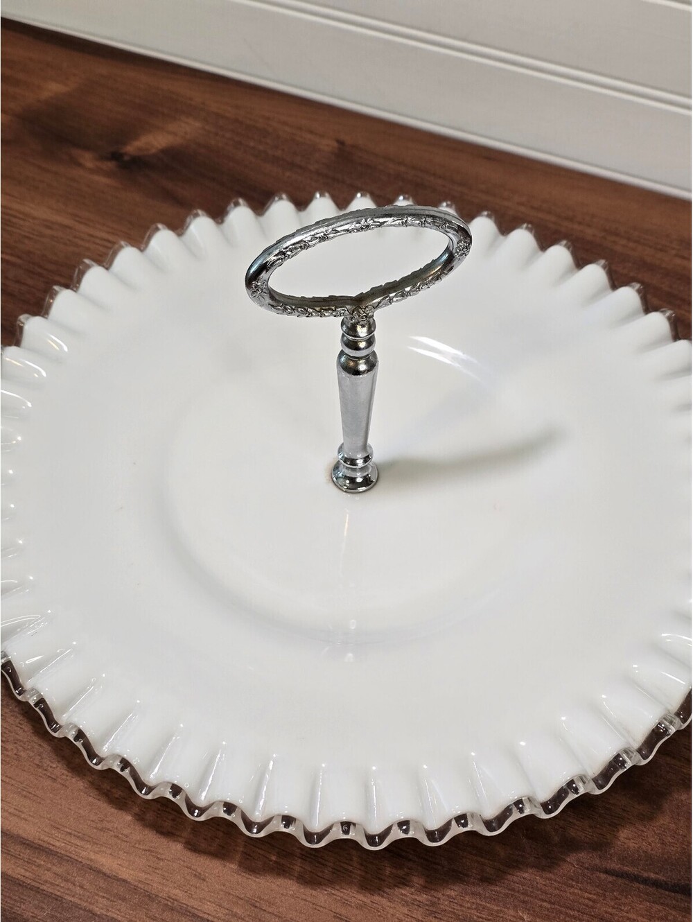 Vintage Fenton Silver Crest Milk Glass Handled Tidbit Platter Ruffled Tray - Picture 2 of 6